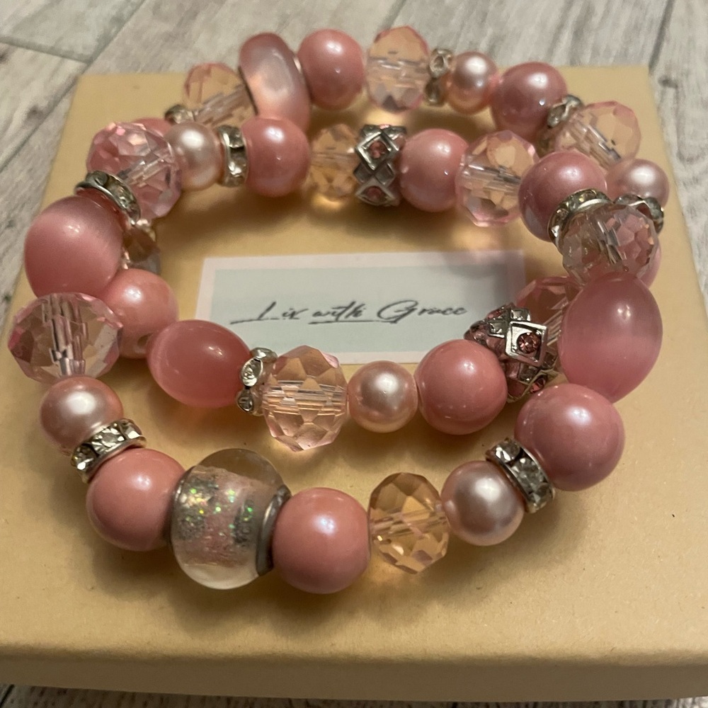 Pink and Silver Crystal Set of 2 gemstone, crystal, Gift, boxed gift, stretch - Picture 4 of 8